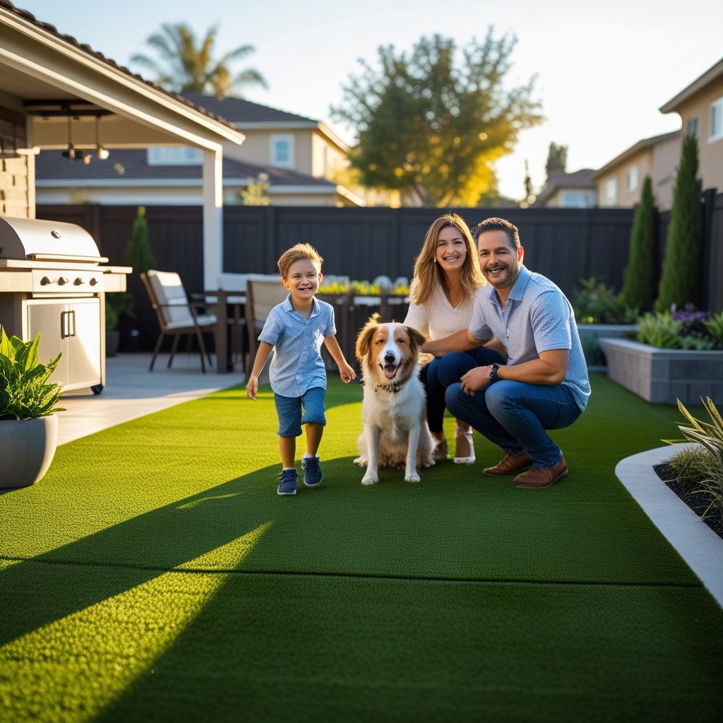 Family enjoying clean artificial turf